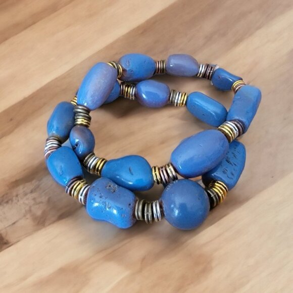 Blue Beads with Silver, Gold and Brass Spacers Set of 2 Bracelets   New - Picture 1 of 3